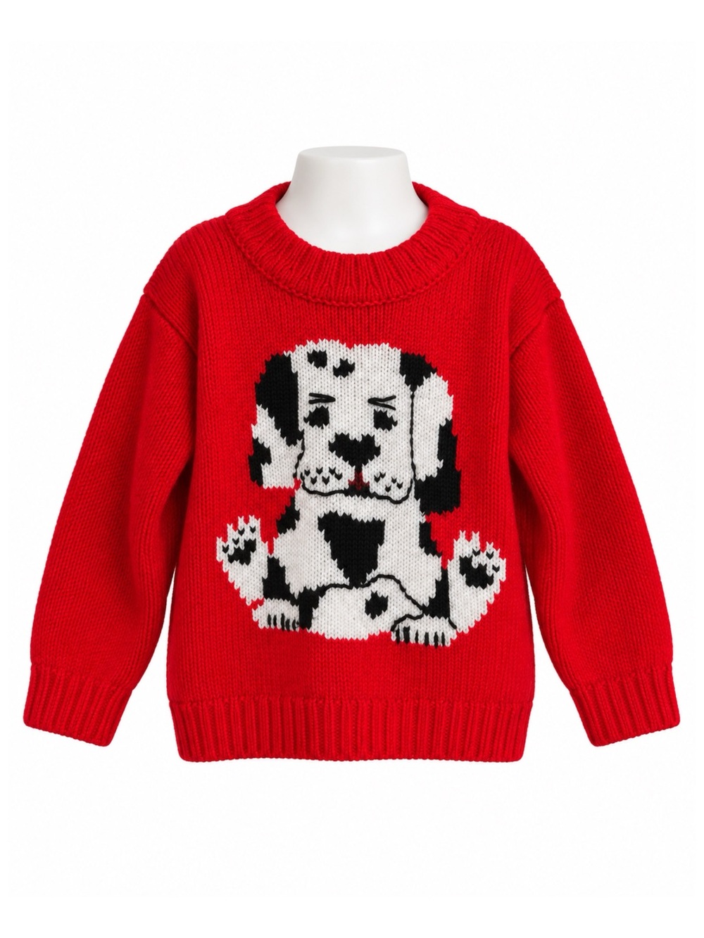 Size 5–6 (Est.) Unknown Brand Kids’ Red Dalmatian Puppy Knit Crewneck Sweater